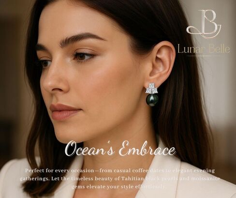 Lunar Belle Black Tahitian Pearl Earrings with Moissanite Accents in 925 Sterling Silver, Timeless Fine Jewelry Gifts for Women (Ocean's Embrace) in Saudi Arabia