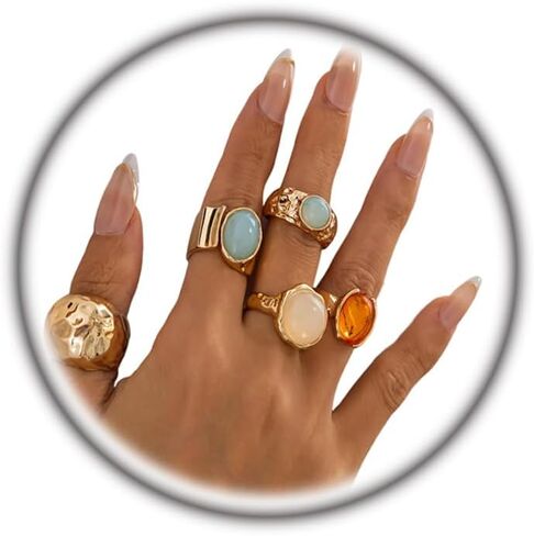 Boho Gold Stackable Rings for Women,Vintage Green Natural Stone Rings Pack Trendy Statement Knuckle Rings Set,Aesthetic Party Jewelry Accessories in Saudi Arabia