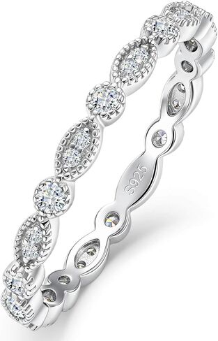 WES Moissanite Eternity Band Ring for Women - 925 Sterling Silver 14K White Gold Plated Alternating Round & Marquise Vintage Milgrain Stackable Wedding Band, Size 4-11 in Saudi Arabia