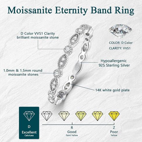 WES Moissanite Eternity Band Ring for Women - 925 Sterling Silver 14K White Gold Plated Alternating Round & Marquise Vintage Milgrain Stackable Wedding Band, Size 4-11 in Saudi Arabia