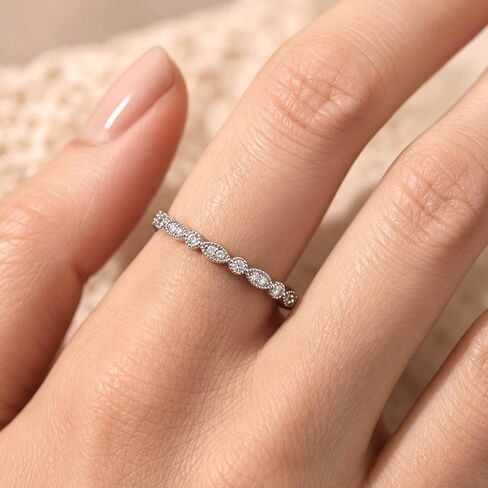WES Moissanite Eternity Band Ring for Women - 925 Sterling Silver 14K White Gold Plated Alternating Round & Marquise Vintage Milgrain Stackable Wedding Band, Size 4-11 in Saudi Arabia