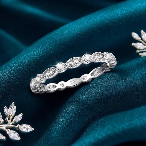 WES Moissanite Eternity Band Ring for Women - 925 Sterling Silver 14K White Gold Plated Alternating Round & Marquise Vintage Milgrain Stackable Wedding Band, Size 4-11 in Saudi Arabia