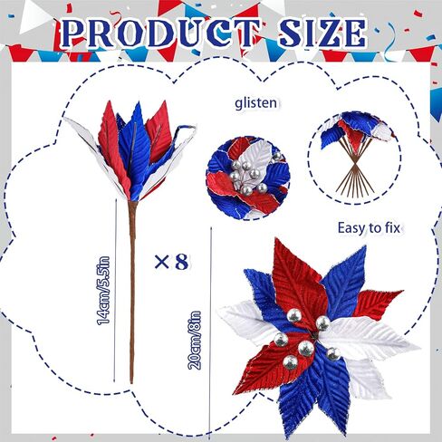 9 Pcs 4th of July Artificial Flowers Red White Blue Flowers Bouquets Patriotic Fake Berry Stem Picks for Independence Holiday Patriotic Party Memorial Veterans Day Decorations in Saudi Arabia