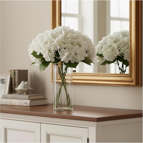 Hydrangea Artificial Flowers with Ribbed Glass Vase - Real Touch Latex Faux Flowers, Home Décor for Table Centerpiece, Living Room, Bathroom & Wedding，Fake Flowers Artificial Blooms(White) in Saudi Arabia