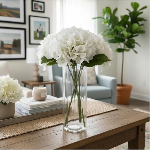 Hydrangea Artificial Flowers with Ribbed Glass Vase - Real Touch Latex Faux Flowers, Home Décor for Table Centerpiece, Living Room, Bathroom & Wedding，Fake Flowers Artificial Blooms(White) in Saudi Arabia