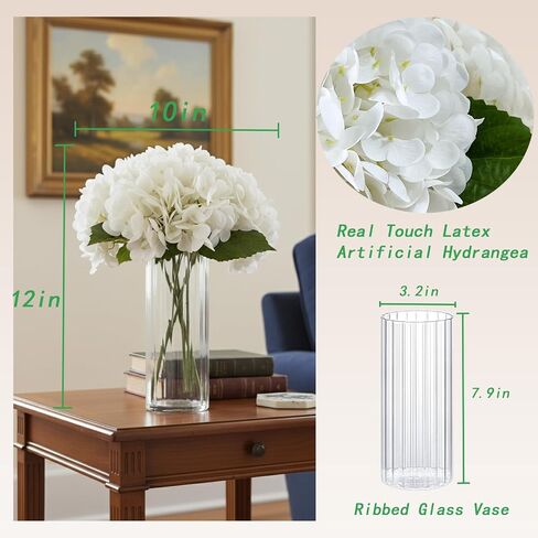 Hydrangea Artificial Flowers with Ribbed Glass Vase - Real Touch Latex Faux Flowers, Home Décor for Table Centerpiece, Living Room, Bathroom & Wedding，Fake Flowers Artificial Blooms(White) in Saudi Arabia