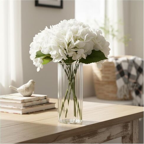 Hydrangea Artificial Flowers with Ribbed Glass Vase - Real Touch Latex Faux Flowers, Home Décor for Table Centerpiece, Living Room, Bathroom & Wedding，Fake Flowers Artificial Blooms(White) in Saudi Arabia