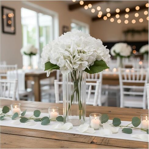 Hydrangea Artificial Flowers with Ribbed Glass Vase - Real Touch Latex Faux Flowers, Home Décor for Table Centerpiece, Living Room, Bathroom & Wedding，Fake Flowers Artificial Blooms(White) in Saudi Arabia