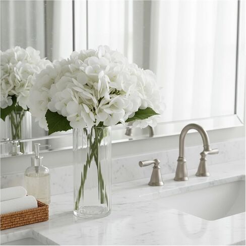 Hydrangea Artificial Flowers with Ribbed Glass Vase - Real Touch Latex Faux Flowers, Home Décor for Table Centerpiece, Living Room, Bathroom & Wedding，Fake Flowers Artificial Blooms(White) in Saudi Arabia