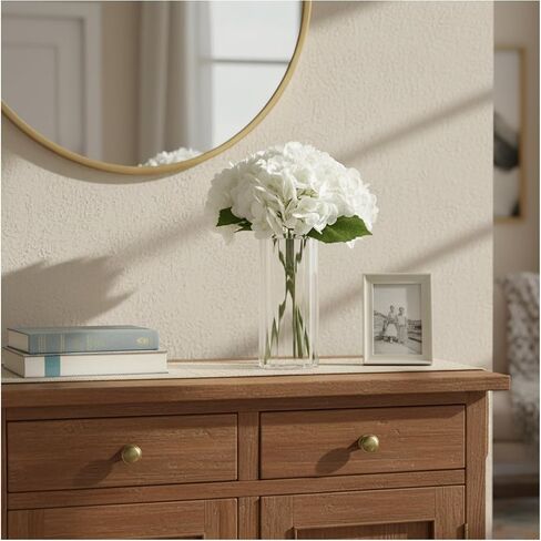 Hydrangea Artificial Flowers with Ribbed Glass Vase - Real Touch Latex Faux Flowers, Home Décor for Table Centerpiece, Living Room, Bathroom & Wedding，Fake Flowers Artificial Blooms(White) in Saudi Arabia