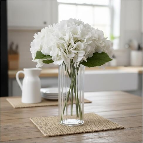 Hydrangea Artificial Flowers with Ribbed Glass Vase - Real Touch Latex Faux Flowers, Home Décor for Table Centerpiece, Living Room, Bathroom & Wedding，Fake Flowers Artificial Blooms(White) in Saudi Arabia