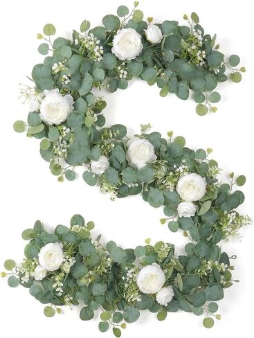 2pcs Artificial Flowers Garland 6FT Silk Peony Vine with Eucalyptus Leaves Faux Floral Garlands for Wedding Arch Door Wall Hanging Party Home Decoration (White) in Saudi Arabia