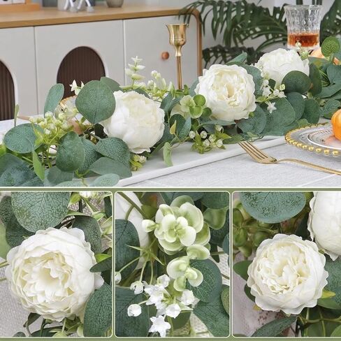 2pcs Artificial Flowers Garland 6FT Silk Peony Vine with Eucalyptus Leaves Faux Floral Garlands for Wedding Arch Door Wall Hanging Party Home Decoration (White) in Saudi Arabia
