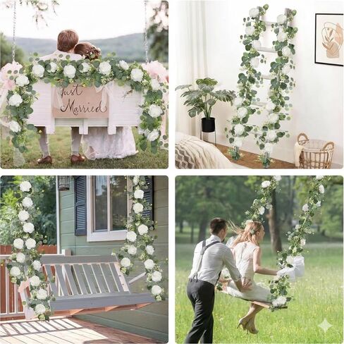 2pcs Artificial Flowers Garland 6FT Silk Peony Vine with Eucalyptus Leaves Faux Floral Garlands for Wedding Arch Door Wall Hanging Party Home Decoration (White) in Saudi Arabia