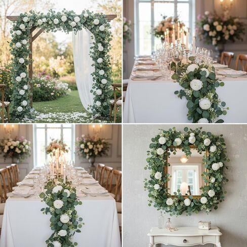 2pcs Artificial Flowers Garland 6FT Silk Peony Vine with Eucalyptus Leaves Faux Floral Garlands for Wedding Arch Door Wall Hanging Party Home Decoration (White) in Saudi Arabia
