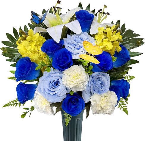 Artificial Cemetery Flowers with Vase for Grave Decoration - Headstones Memorial Flowers Bouquet- Blue Rose White Lily Carnation Yellow Hyacinth in Saudi Arabia