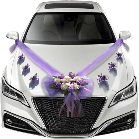 Artificial Wedding Car Flowers Plate Ribbon Bows Set with Silk Organza Wreaths Plush Mini Bear Door Handle Ornaments DIY Wedding Accessories Decorative Supplies for Party Events Red in Saudi Arabia