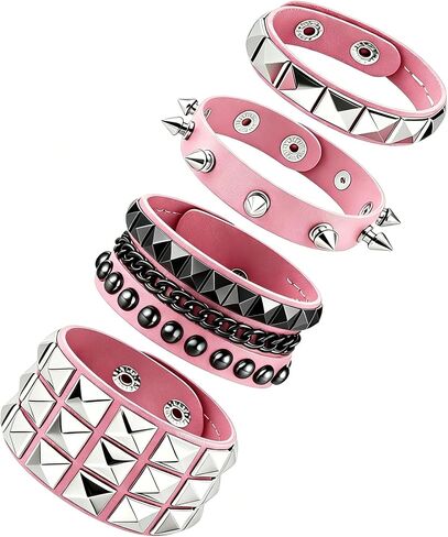 Handmade Black Leather Wrap Studded Bracelets for Women Men, 4Pcs Vintage Punk Wrist Cuff Bangle Wristband Emo Jewelry Gifts in Saudi Arabia