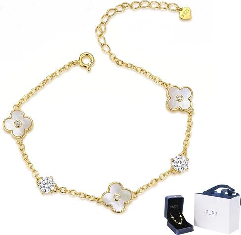 JOLINO Moissanite Bracelet for Women,Clover Bracelet,Sparkling 0.5ct Moissanite & Mother of Pearl Clover,925 Sterling Silver 18K Gold Plated Dainty Stackable Bracelet,Jewelry Gift for Women in Saudi Arabia