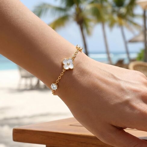 JOLINO Moissanite Bracelet for Women,Clover Bracelet,Sparkling 0.5ct Moissanite & Mother of Pearl Clover,925 Sterling Silver 18K Gold Plated Dainty Stackable Bracelet,Jewelry Gift for Women in Saudi Arabia