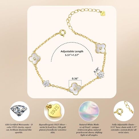 JOLINO Moissanite Bracelet for Women,Clover Bracelet,Sparkling 0.5ct Moissanite & Mother of Pearl Clover,925 Sterling Silver 18K Gold Plated Dainty Stackable Bracelet,Jewelry Gift for Women in Saudi Arabia