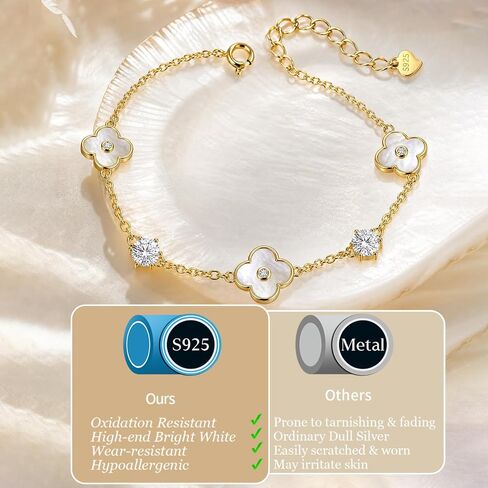 JOLINO Moissanite Bracelet for Women,Clover Bracelet,Sparkling 0.5ct Moissanite & Mother of Pearl Clover,925 Sterling Silver 18K Gold Plated Dainty Stackable Bracelet,Jewelry Gift for Women in Saudi Arabia