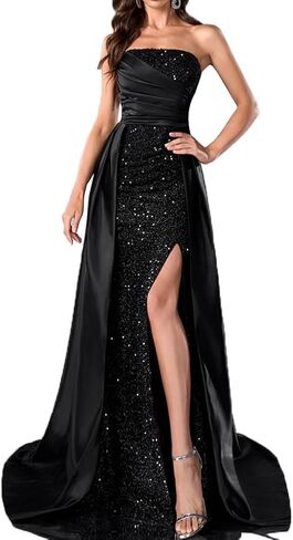 Women's Strapless Sequin Maxi Prom Dress Satin Evening Party Gowns with Slit in Saudi Arabia