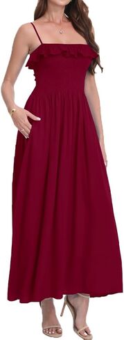 Women's Summer Ruffled Boho Maxi Dress Sleeveless Spaghetti Strap Smocked Beach Long Dress with Pockets. in Saudi Arabia