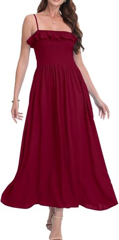 Women's Summer Ruffled Boho Maxi Dress Sleeveless Spaghetti Strap Smocked Beach Long Dress with Pockets. in Saudi Arabia