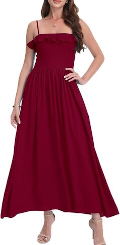 Women's Summer Ruffled Boho Maxi Dress Sleeveless Spaghetti Strap Smocked Beach Long Dress with Pockets. in Saudi Arabia