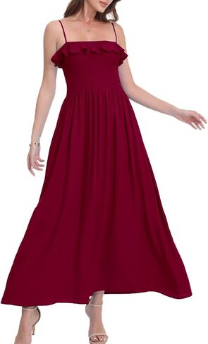 Women's Summer Ruffled Boho Maxi Dress Sleeveless Spaghetti Strap Smocked Beach Long Dress with Pockets. in Saudi Arabia