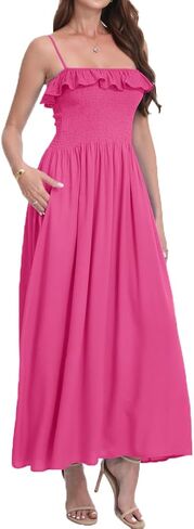 Women's Summer Ruffled Boho Maxi Dress Sleeveless Spaghetti Strap Smocked Beach Long Dress with Pockets. in Saudi Arabia