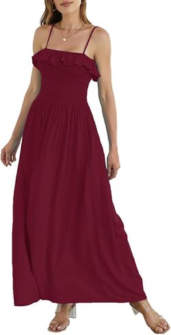 Women's Summer Ruffled Boho Maxi Dress Sleeveless Spaghetti Strap Smocked Beach Long Dress with Pockets. in Saudi Arabia
