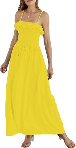 Women's Summer Ruffled Boho Maxi Dress Sleeveless Spaghetti Strap Smocked Beach Long Dress with Pockets. in Saudi Arabia