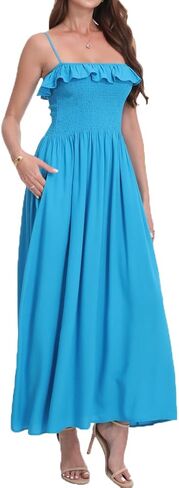 Women's Summer Ruffled Boho Maxi Dress Sleeveless Spaghetti Strap Smocked Beach Long Dress with Pockets. in Saudi Arabia