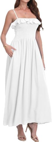 Women's Summer Ruffled Boho Maxi Dress Sleeveless Spaghetti Strap Smocked Beach Long Dress with Pockets. in Saudi Arabia