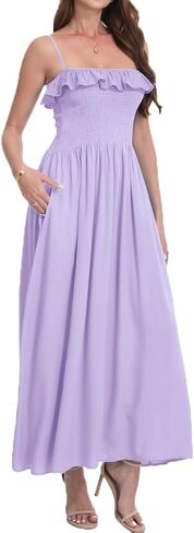 Women's Summer Ruffled Boho Maxi Dress Sleeveless Spaghetti Strap Smocked Beach Long Dress with Pockets. in Saudi Arabia