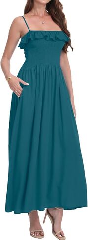 Women's Summer Ruffled Boho Maxi Dress Sleeveless Spaghetti Strap Smocked Beach Long Dress with Pockets. in Saudi Arabia