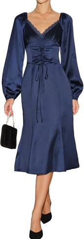 RIHOAS Navy Satin Midi Dress - Women's Long Sleeve V Neck Ruched A Line Elegant Formal Wedding Guest Dress in Saudi Arabia