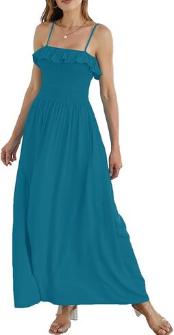 Women's Summer Ruffled Boho Maxi Dress Sleeveless Spaghetti Strap Smocked Beach Long Dress with Pockets. in Saudi Arabia