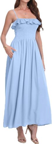 Women's Summer Ruffled Boho Maxi Dress Sleeveless Spaghetti Strap Smocked Beach Long Dress with Pockets. in Saudi Arabia