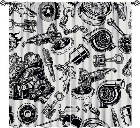 Car Blackout Curtains Modern Abstract Car Repair Light Grey Black Art Printed for Boys Teens Men Bedroom Living Room Rod Pocket Decoration Window Drapes 2 Panels W21xL45in in Saudi Arabia