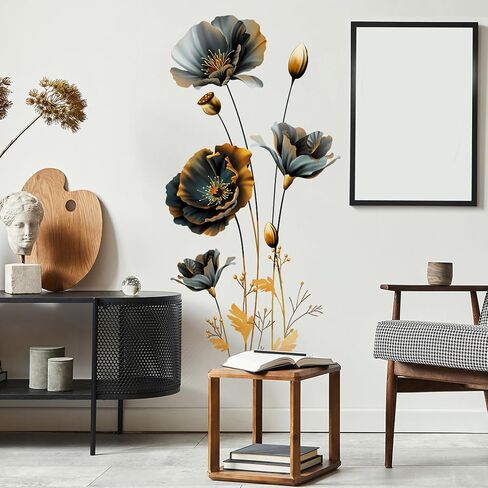 Black and Gold Wall Decor Art Stickers 3D Flower Wall Decals Floral Gold Leaves Plants Butterfly Sticker Murals Vinyl Peel and Stick for Living Room Bedroom Sofa TV Background Home Decor in Kuwait