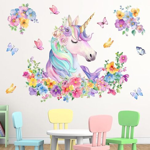 ملصقات جدارية على شكل زهور وحيد القرن من Mfault Unicorn، ديكورات حضانة على شكل فراشة ملونة على شكل زهرة، فن غرفة نوم الأطفال، ديكور غرفة اللعب للأطفال الصغار والبنات والأولاد in Kuwait