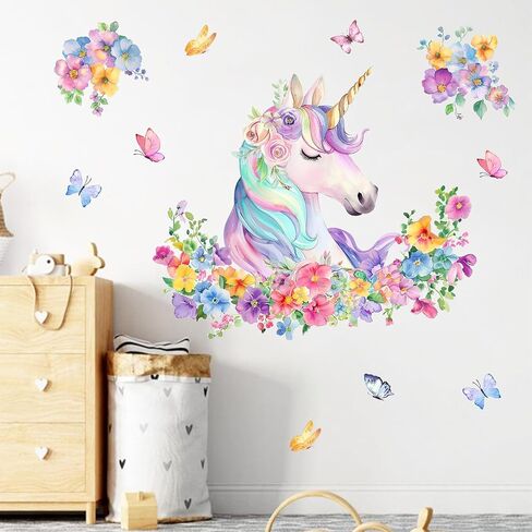 ملصقات جدارية على شكل زهور وحيد القرن من Mfault Unicorn، ديكورات حضانة على شكل فراشة ملونة على شكل زهرة، فن غرفة نوم الأطفال، ديكور غرفة اللعب للأطفال الصغار والبنات والأولاد in Kuwait