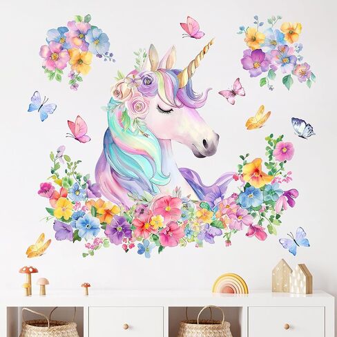 ملصقات جدارية على شكل زهور وحيد القرن من Mfault Unicorn، ديكورات حضانة على شكل فراشة ملونة على شكل زهرة، فن غرفة نوم الأطفال، ديكور غرفة اللعب للأطفال الصغار والبنات والأولاد in Kuwait