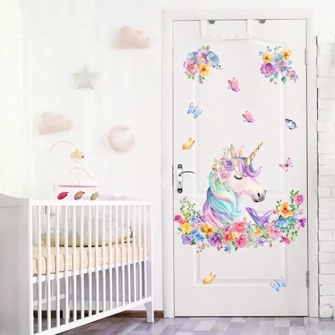 ملصقات جدارية على شكل زهور وحيد القرن من Mfault Unicorn، ديكورات حضانة على شكل فراشة ملونة على شكل زهرة، فن غرفة نوم الأطفال، ديكور غرفة اللعب للأطفال الصغار والبنات والأولاد in Kuwait