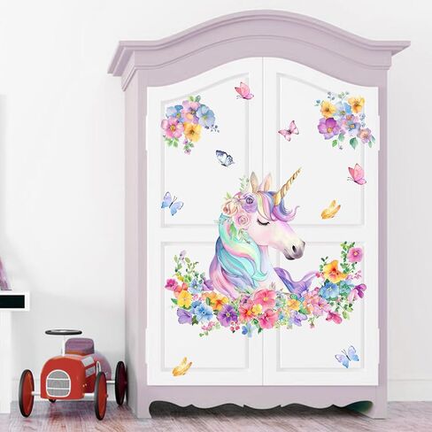 ملصقات جدارية على شكل زهور وحيد القرن من Mfault Unicorn، ديكورات حضانة على شكل فراشة ملونة على شكل زهرة، فن غرفة نوم الأطفال، ديكور غرفة اللعب للأطفال الصغار والبنات والأولاد in Kuwait
