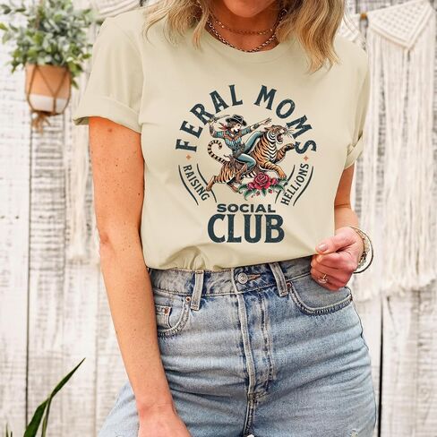 Mama Shirts for Women Cool Feral Moms Social Club T-Shirt Vintage Western Graphic Shirt Funny Mothers Day Tee Tops in Saudi Arabia