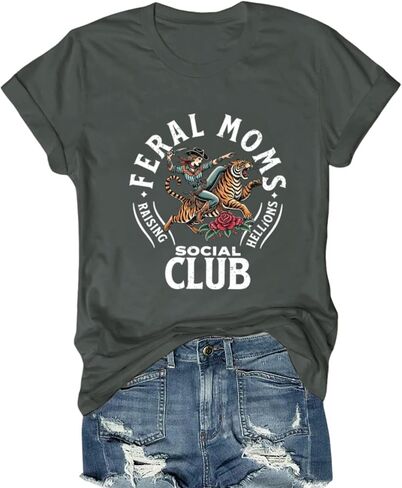 Mama Shirts for Women Cool Feral Moms Social Club T-Shirt Vintage Western Graphic Shirt Funny Mothers Day Tee Tops in Saudi Arabia